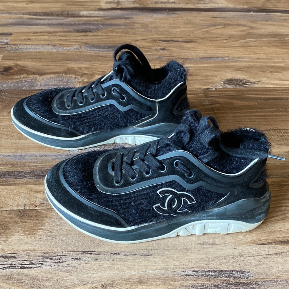 Black Chanel fuzzy sneakers size 6